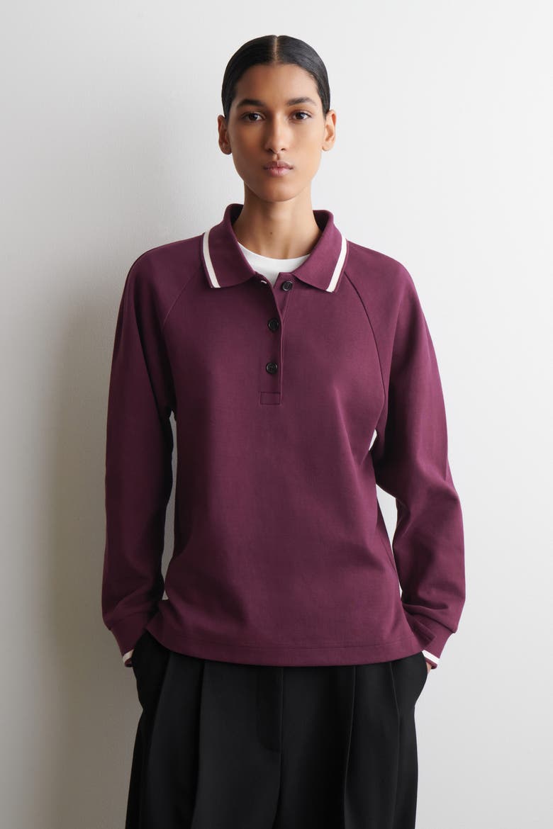 Contrast-Tipped Cotton Polo Top, Main, color, BURGUNDY