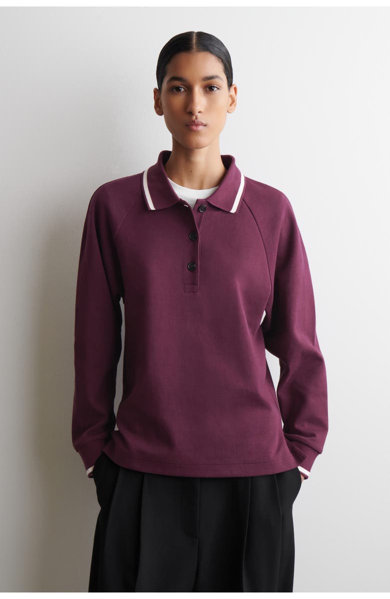 COS Contrast-Tipped Cotton Polo Top, Main, color, Burgundy