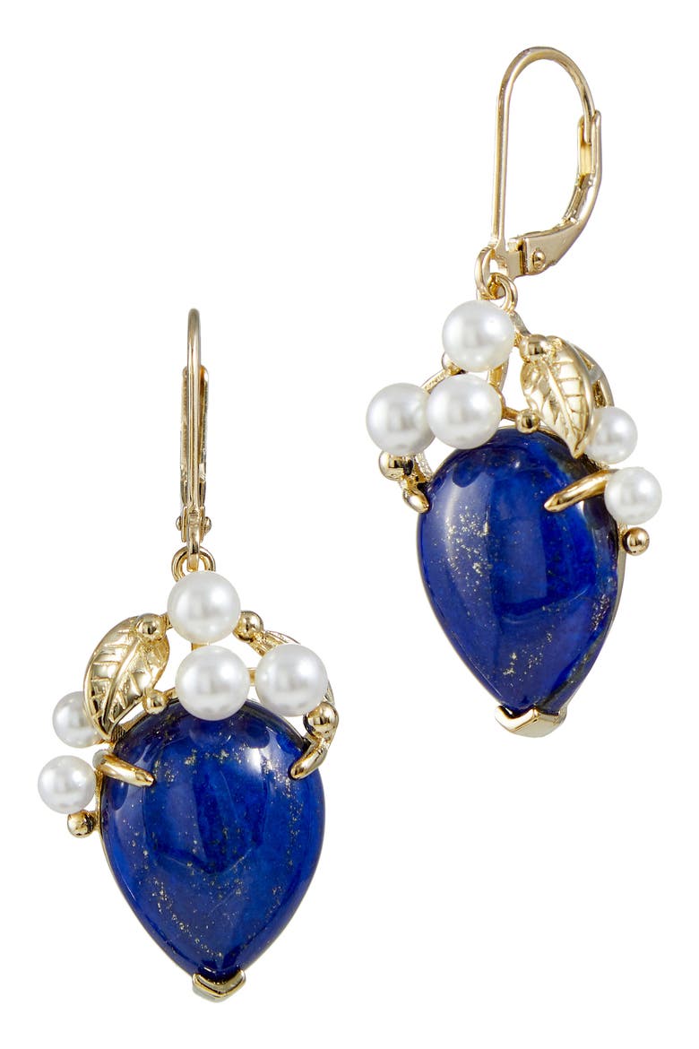 18K Gold Plated Sterling Silver Freshwater Pearls & Stone Drop Earrings, Main, color, BLUE