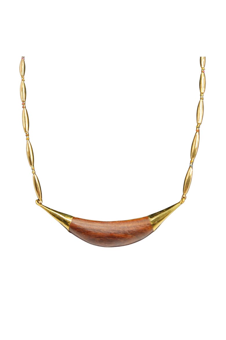 Vintage 1970s Reversible Abalone Shell and Wood Inlay Crescent Necklace, Alternate, color, Gold