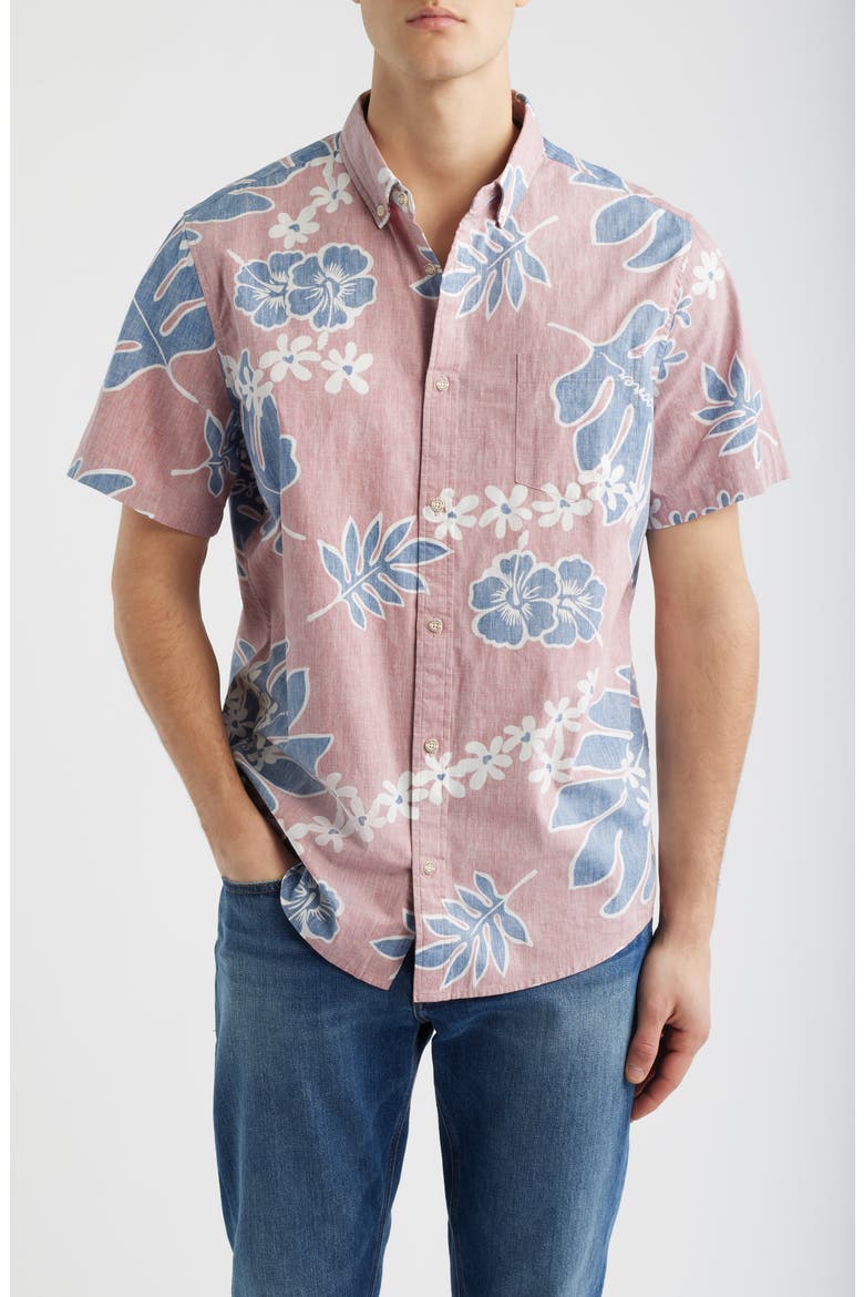 Old School Floral Short Sleeve Button-Down Cotton Sport Shirt, Main, color, VINTAGE RED