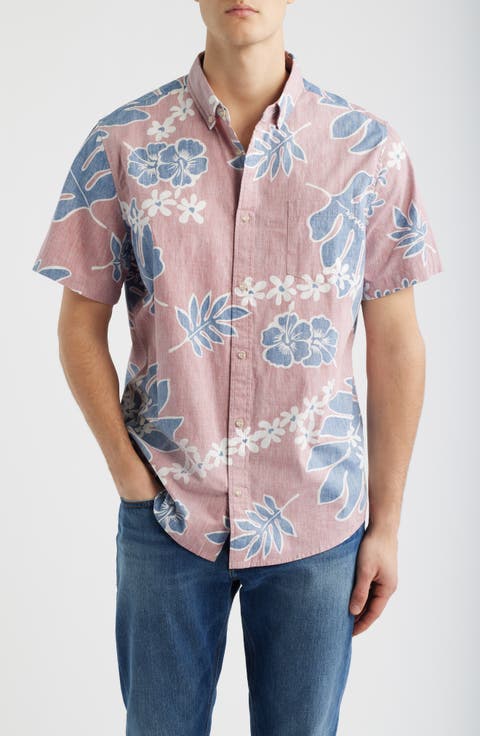 Old School Floral Short Sleeve Button-Down Cotton Sport Shirt