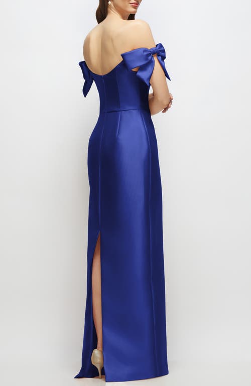 Alfred Sung Off The Shoulder Satin Column Gown In Blue