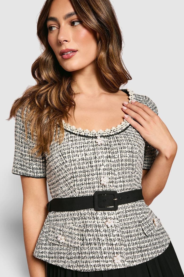 Tweed Bodice Pleated Skirt Dress, Alternate, color, Mono