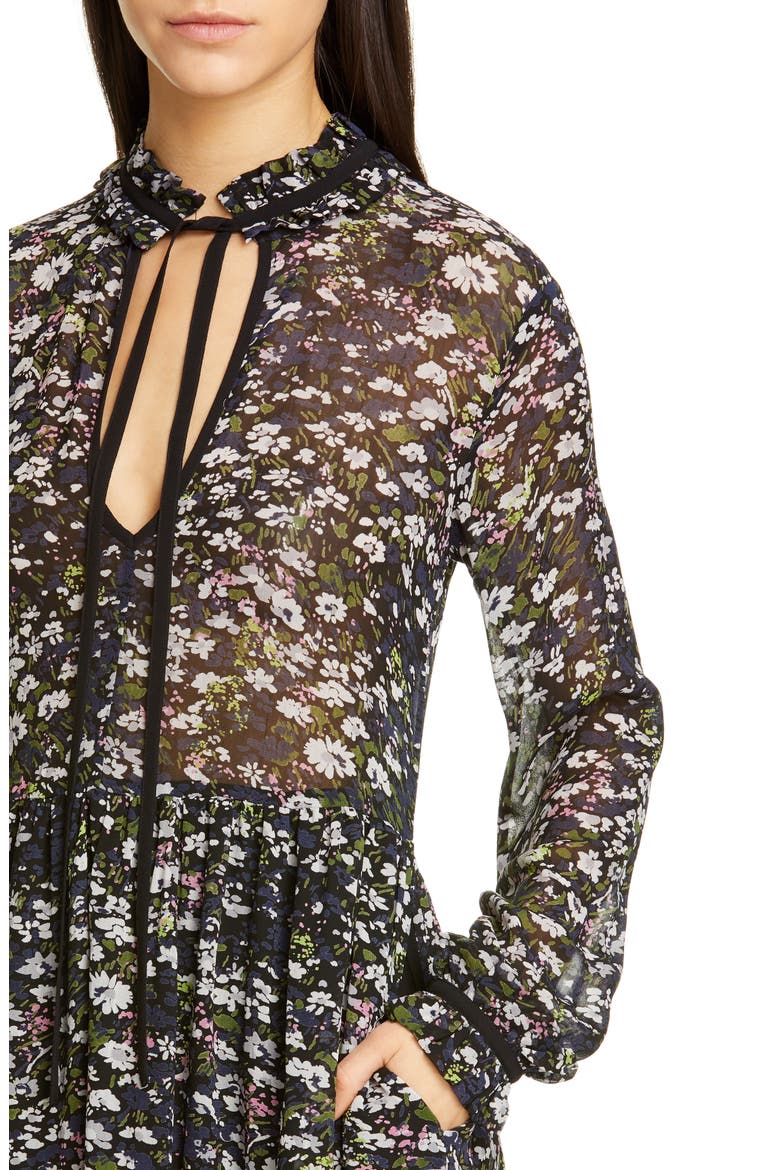 Long Sleeve Floral Print Georgette Dress, Alternate, color, BLACK