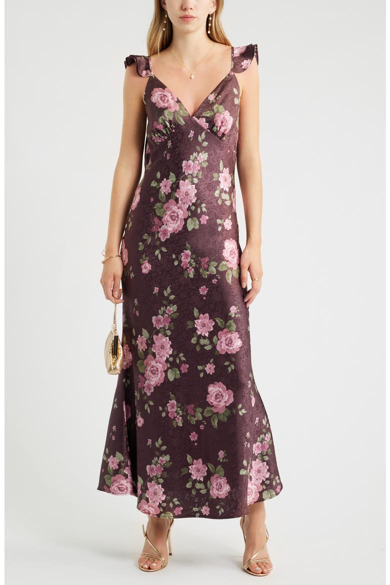 Floral Satin Flutter Sleeve Maxi Dress, Main, color, BURGUNDY FLORAL