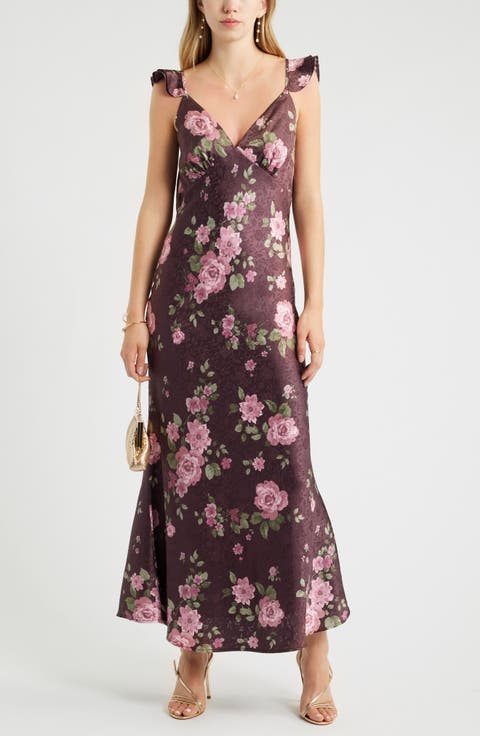 Floral Satin Flutter Sleeve Maxi Dress