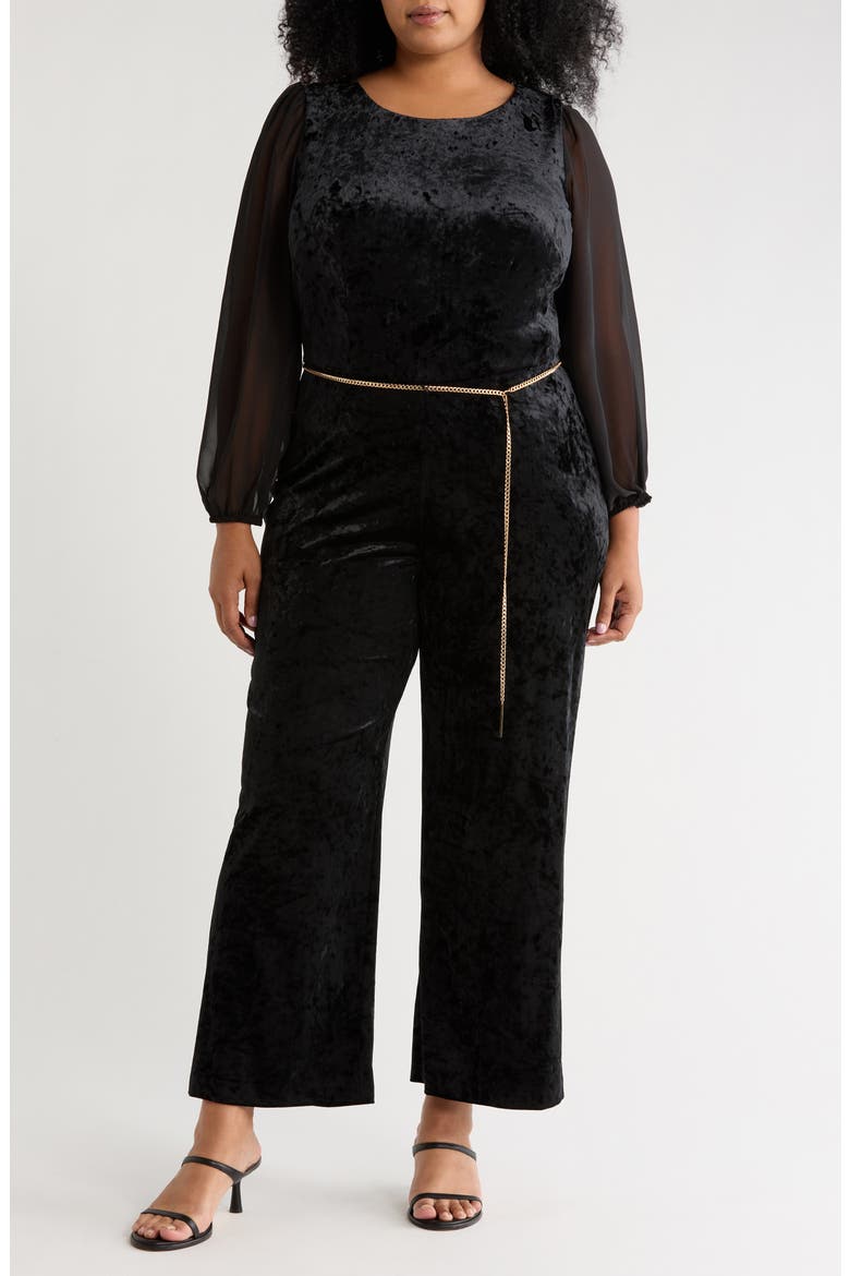 Sheer Sleeve Velvet Jumpsuit, Main, color, BLACK
