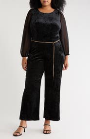 Connected Apparel Sheer Sleeve Velvet Jumpsuit