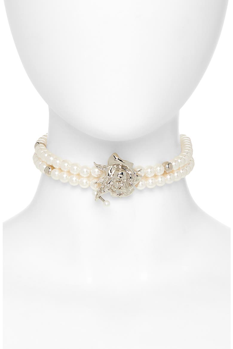 Juliet Rose Pendant Faux Pearl Choker Necklace, Main, color, PALLADIUM
