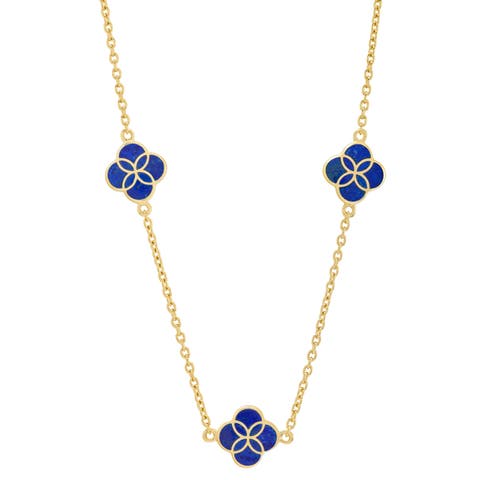 Sterling With 18K Gold Overlay And Gemstones Triple Petal Station Necklace