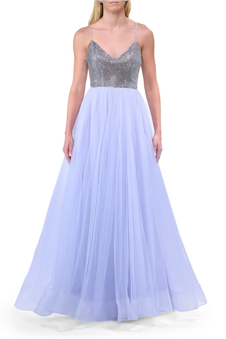 A-line Tulle Prom Dress with V-Neck Rhinestone Bodice, Main, color, Light Periwinkle