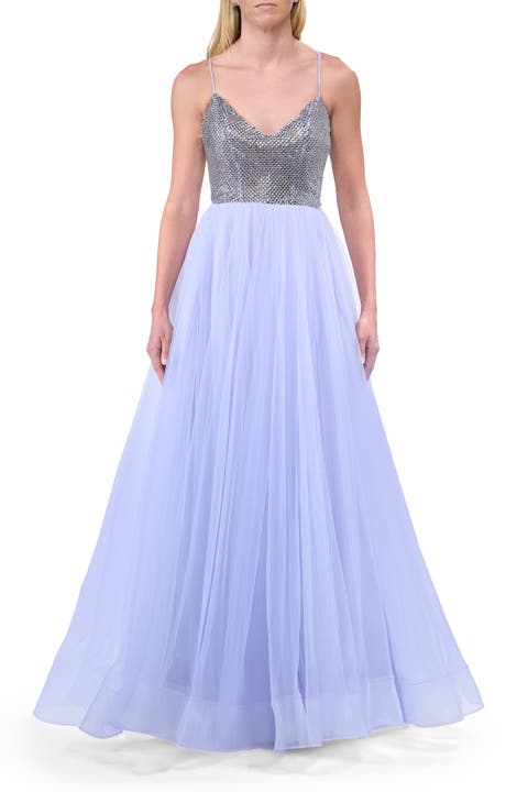 A-line Tulle Prom Dress with V-Neck Rhinestone Bodice