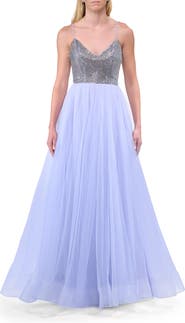 La Femme A-line Tulle Prom Dress with V-Neck Rhinestone Bodice