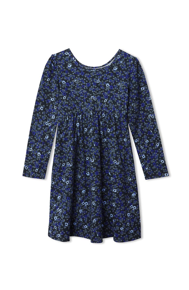 Lands' End Girls Long Sleeve Gathered Waist Jersey Dress, Main, color, Black Floral Leopard