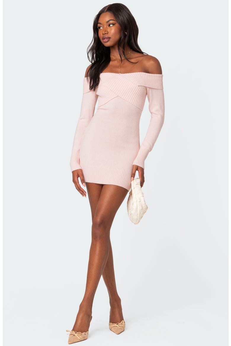 Crossover Long Sleeve Off the Shoulder Sweater Minidress, Alternate, color, LIGHT-PINK