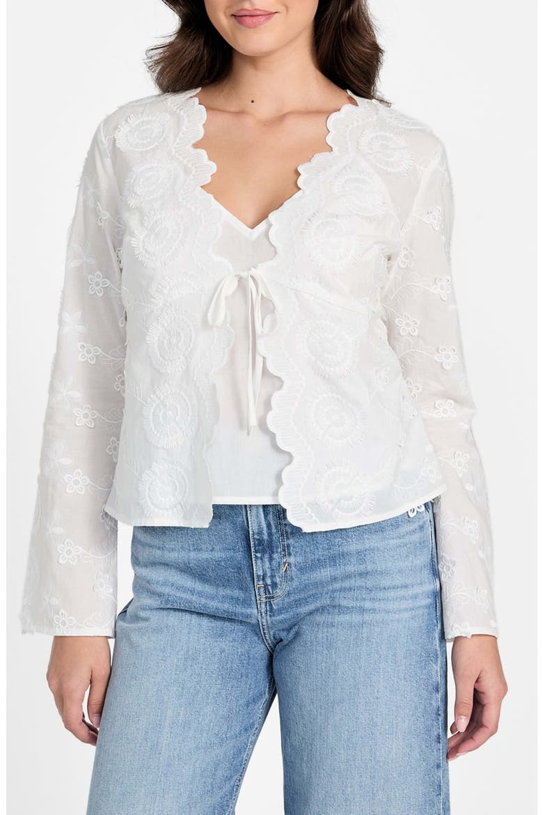 Aida Floral Embroidered Tie Front Long Sleeve Top, Main, color, PURE WHITE
