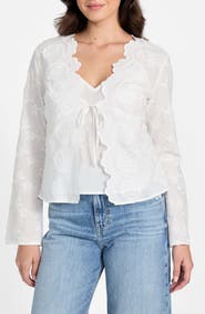 GUESS Aida Floral Embroidered Tie Front Long Sleeve Top