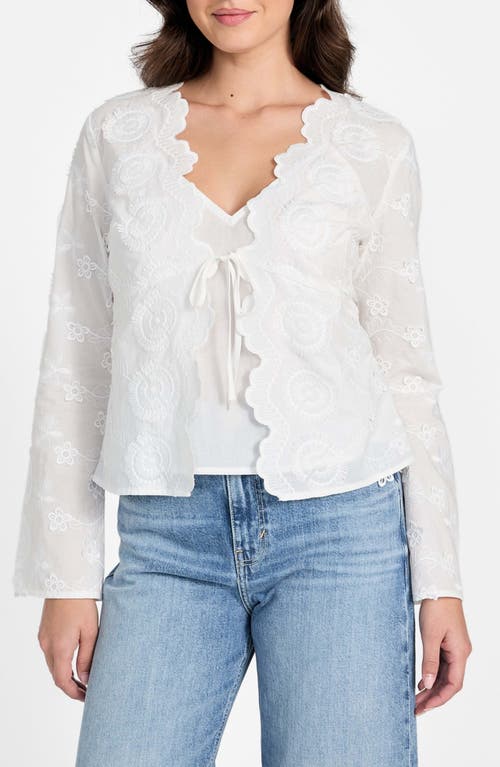 Guess Aida Floral Embroidered Tie Front Long Sleeve Top In White