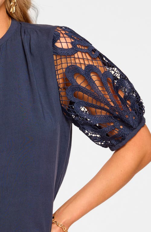 Shop Ramy Brook Gia Lace Sleeve Button-up Top In Spring Navy Eyelet