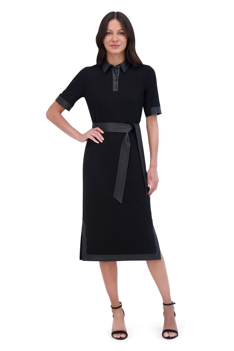 Faux Leather Trim Tie Waist Midi Dress, Alternate, color, BLACK