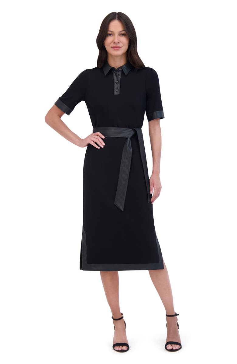 Faux Leather Trim Tie Waist Midi Dress