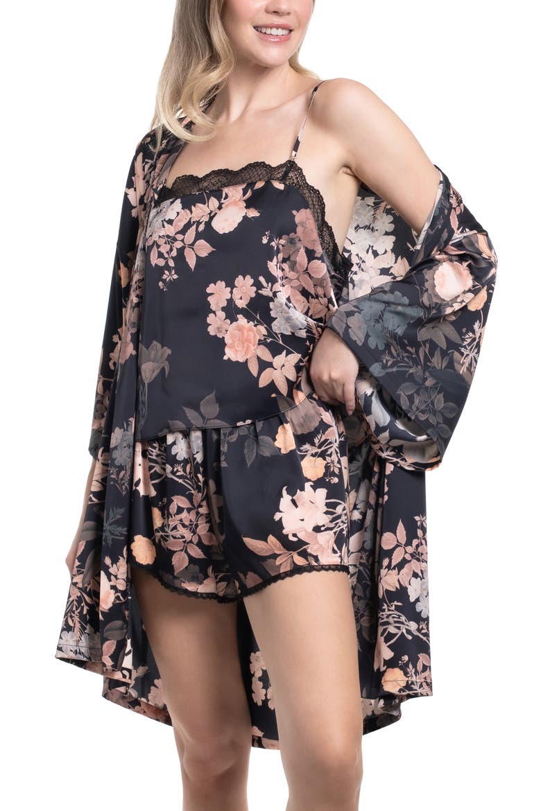Floral Satin Cami & Tap Shorts Pajamas Set, Alternate, color, BLACKNESS BOUQUET