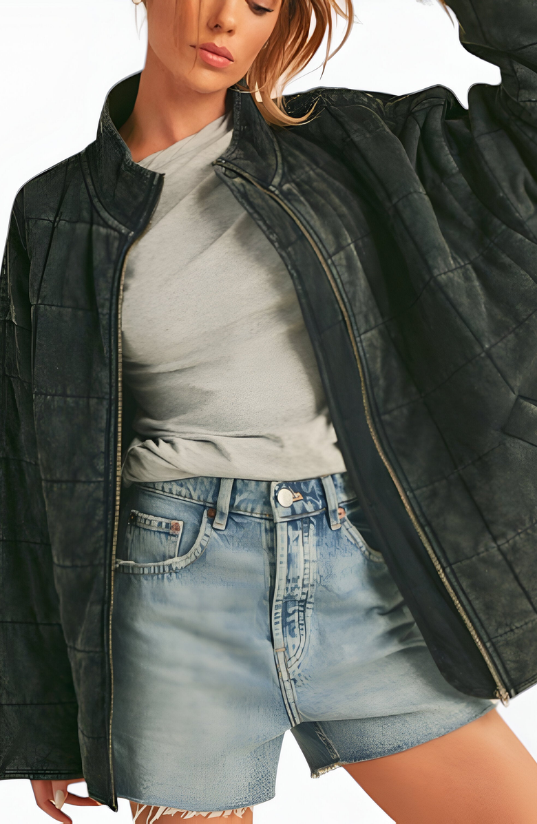 Modenaire Quilted Zip-Up Jacket with Stand Collar and Square Stitch, Alternate, color, Black