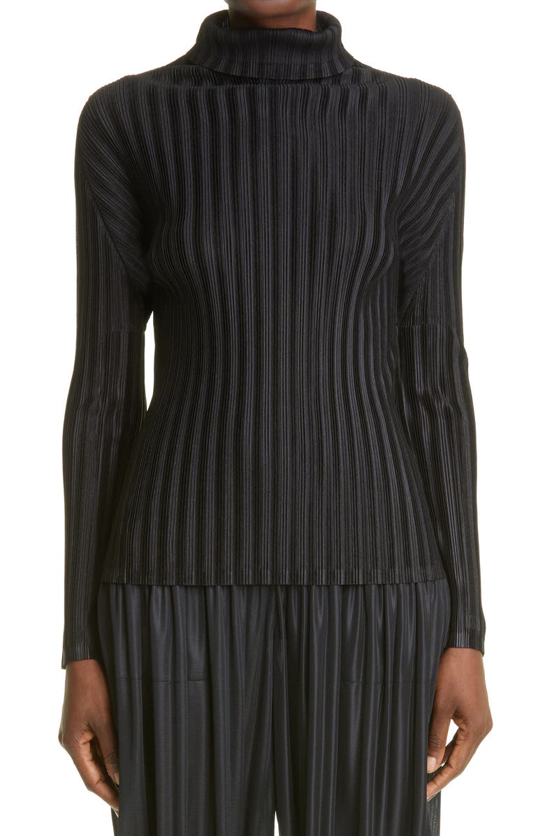 Pleats Please Issey Miyake Pleated Long Sleeve Turtleneck, Main, color, Black