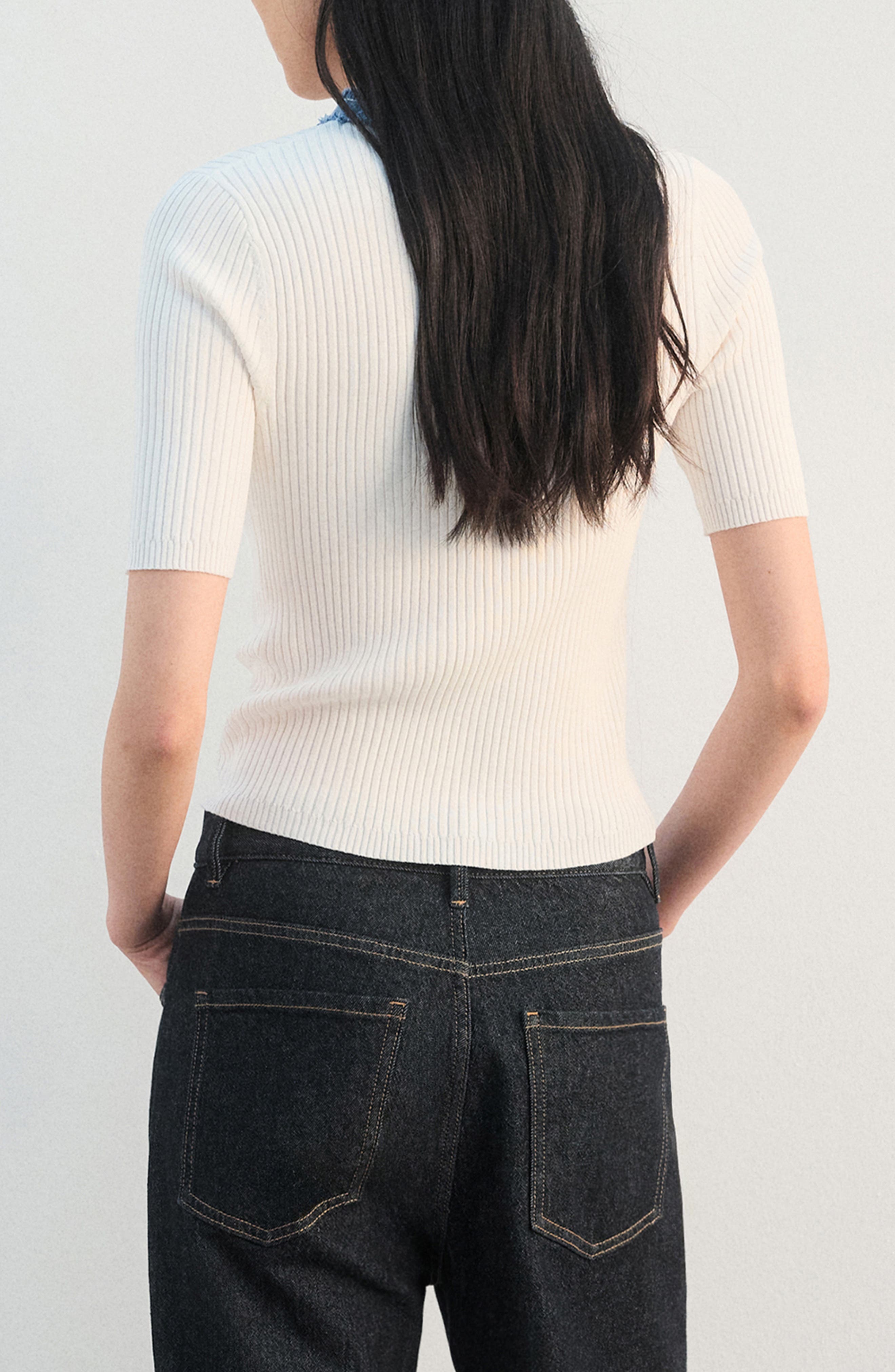 Contrast Collar Half Button Short Sleeve Sweater - image 2