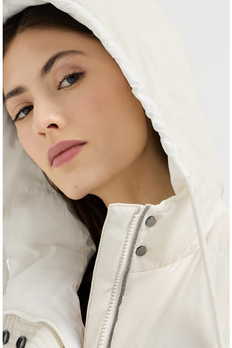 Lightweight matte nylon down vest with hood and shiny trim, Alternate, color, Milk