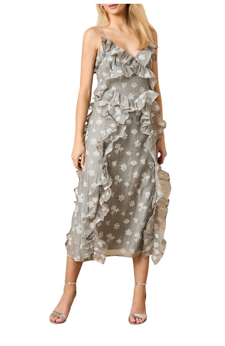 Oasis Ruffle Front V-Neck Strappy Midi Dress, Alternate, color, Grey