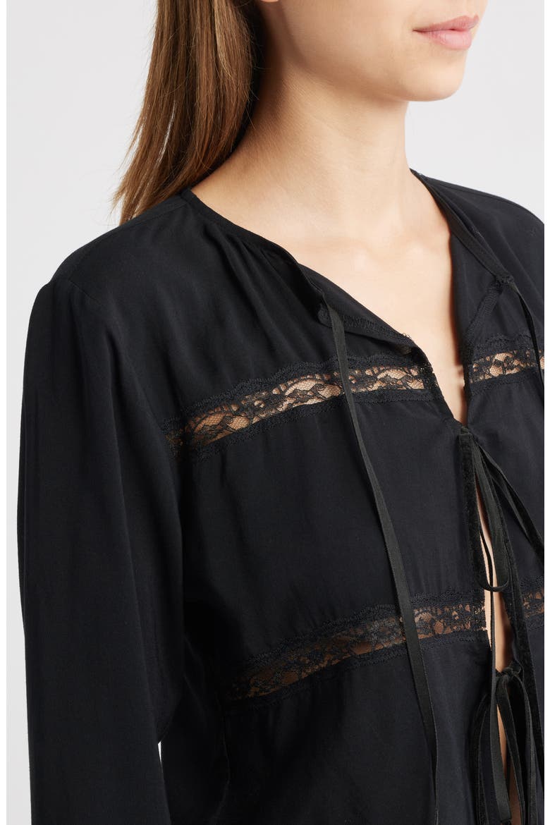 The Camille Lace Inset Tie Front Top, Alternate, color, BLACK