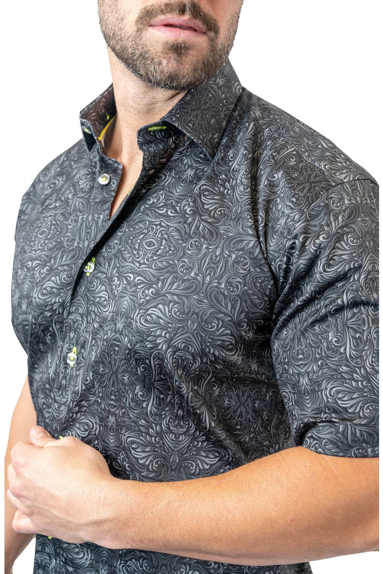 Galileo Stretchaztec Black Short Sleeve Performance Button-Up Shirt, Alternate, color, BLACK