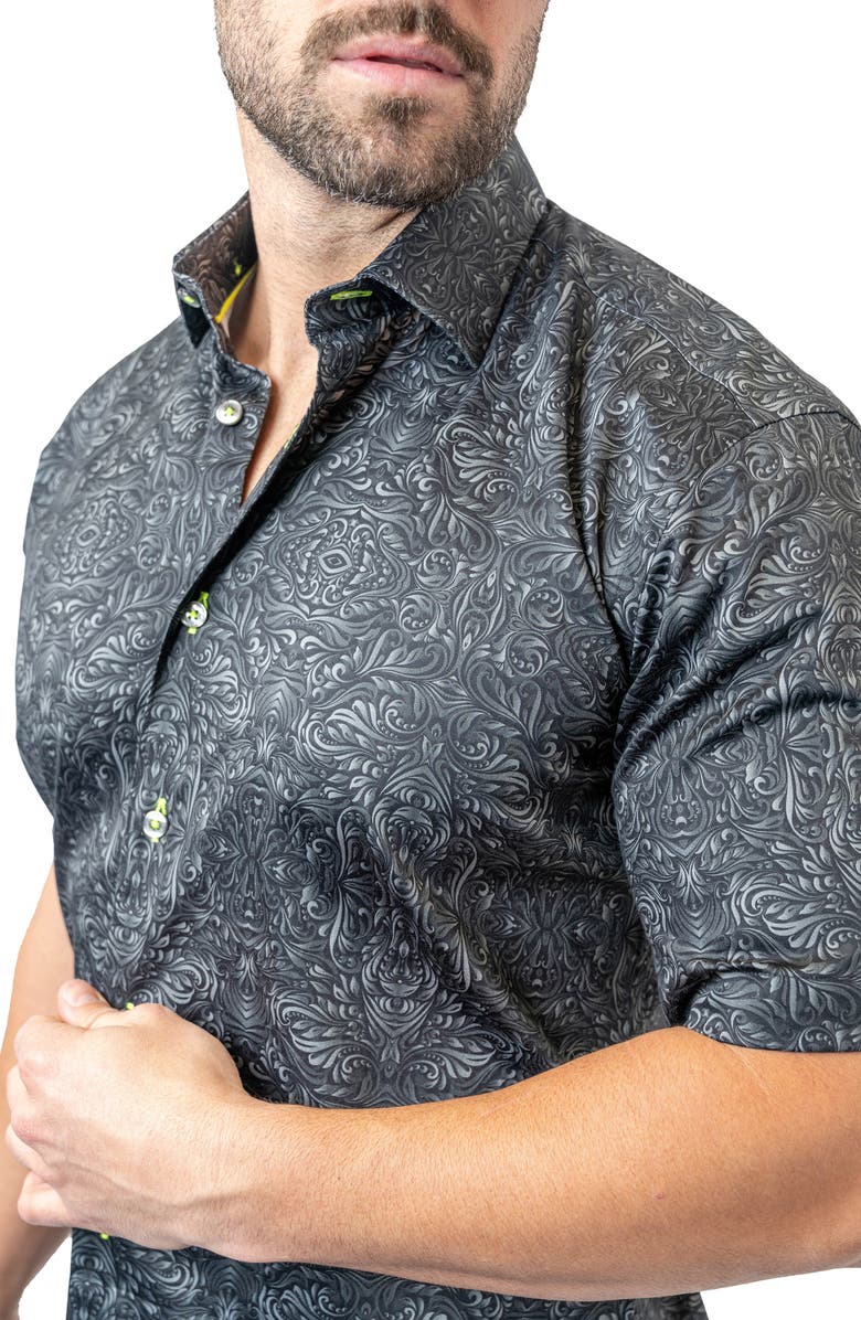 Maceoo Galileo Stretchaztec Black Short Sleeve Performance Button-Up Shirt, Alternate, color, Black