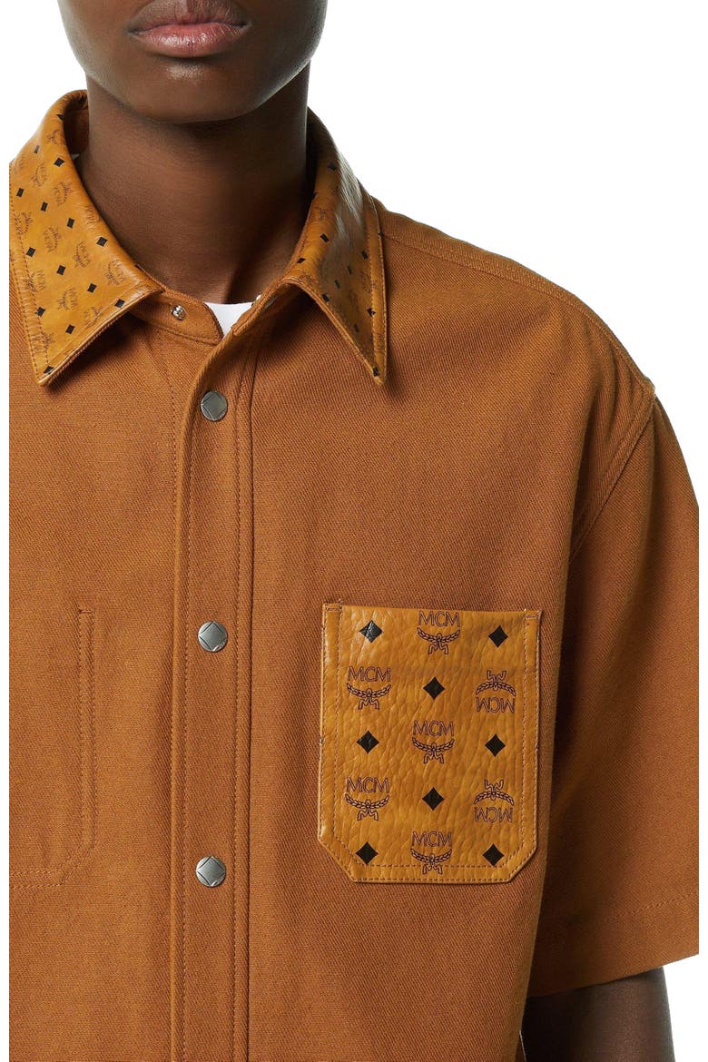Shirt in Cotton and Monogram Print Leather, Alternate, color, Cognac