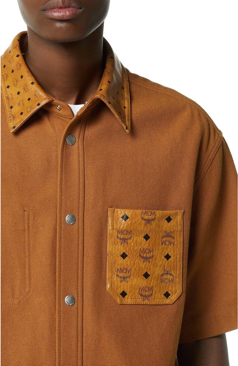 MCM Shirt in Cotton and Monogram Print Leather, Alternate, color, Cognac