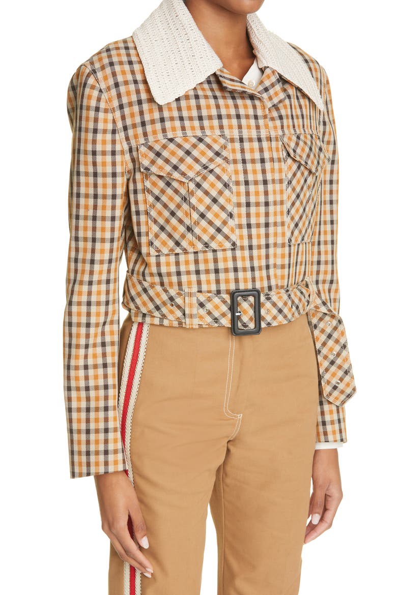 Kalimba Plaid Crochet Collar Crop Jacket, Alternate, color, BONE/ COGNAC/ CHESTNUT