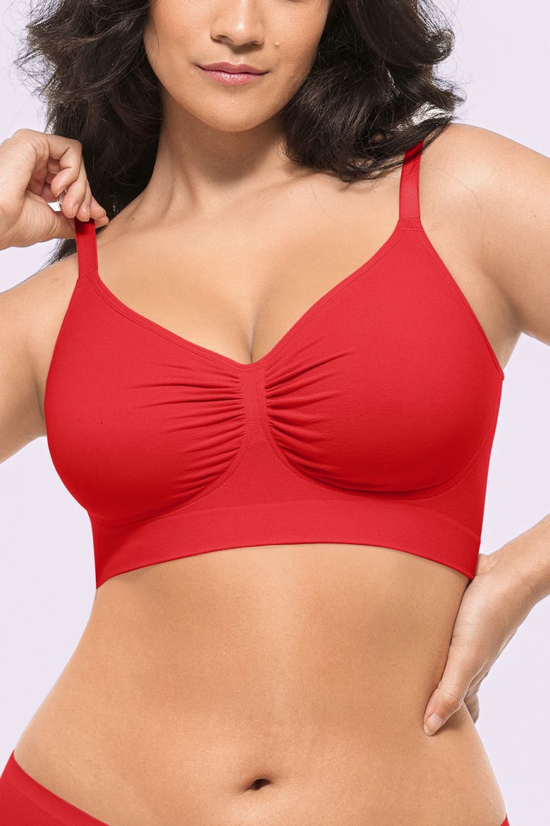 Wireless Seamless Comfy Non Padded V Neck Bra, Alternate, color, Red