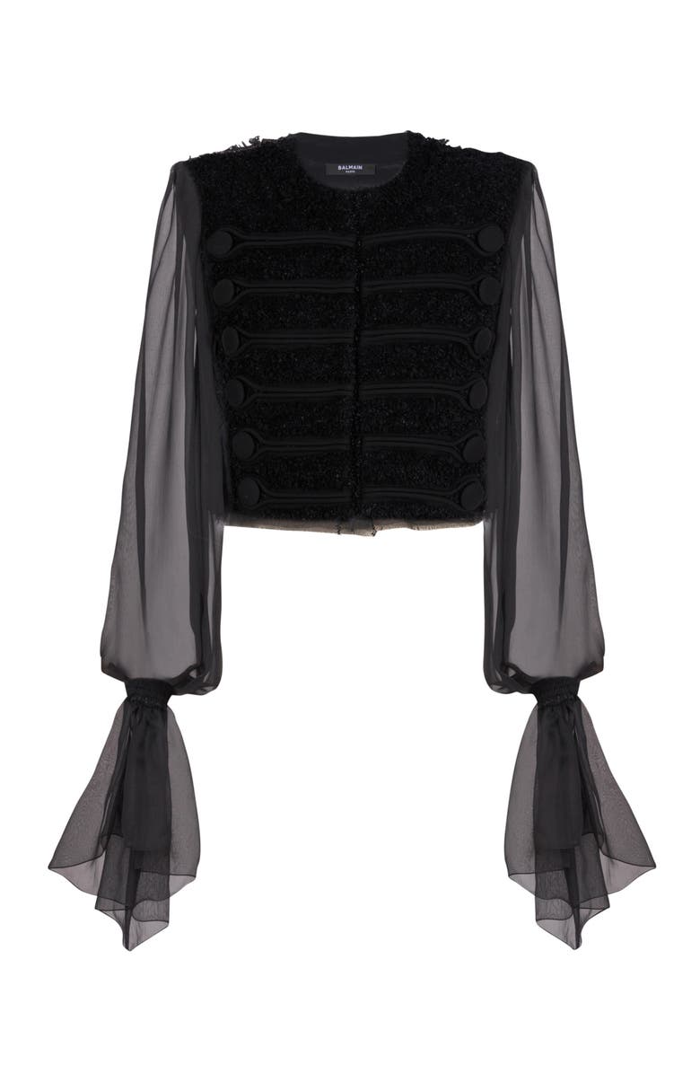 Balmain Edge-To-Edge Tweed And Chiffon Jacket, Alternate, color,