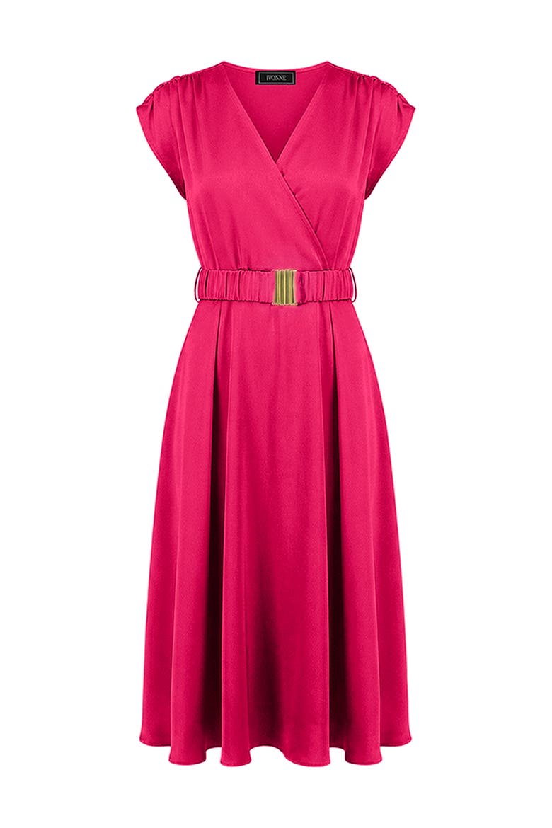 Sleeveless Midi Satin Dress with Belt, Alternate, color, Fuchsia