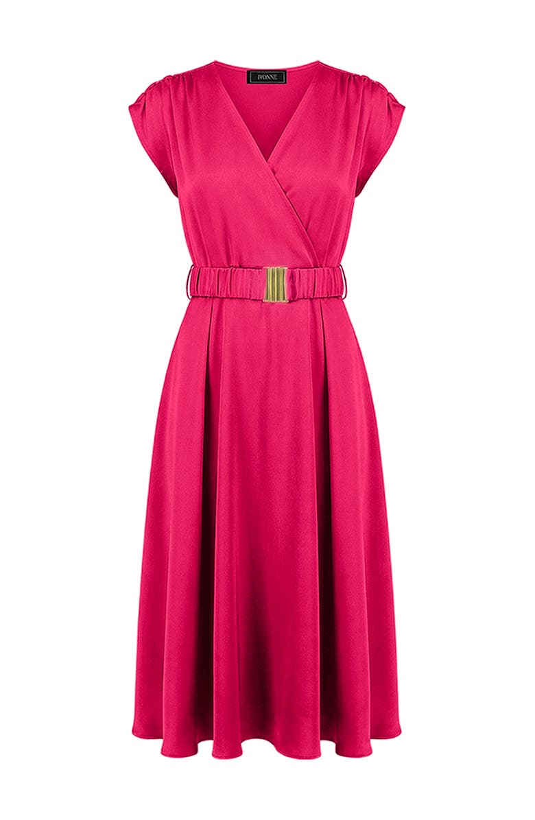 IVONNE Sleeveless Midi Satin Dress with Belt, Alternate, color, Fuchsia