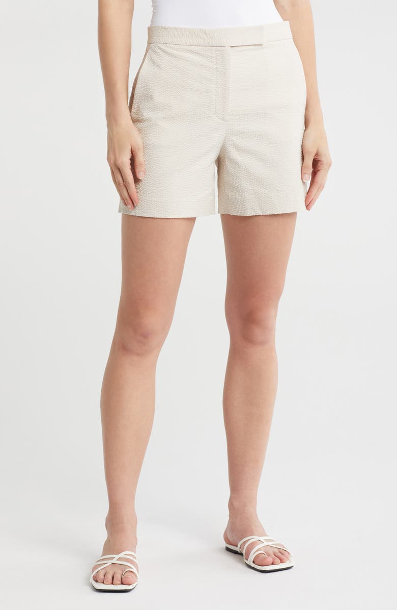 Theory Stripe Seersucker Cotton Blend Shorts, Main, color, Sand