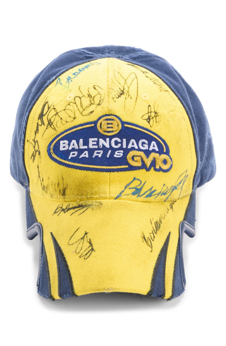 Balenciaga Banana Distressed Cotton Twill Baseball Cap, Alternate, color, 7268 Yellow/ Blue