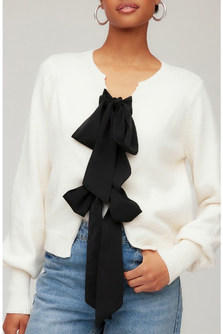 Dena Ribbon Tie Cardigan, Alternate, color, CREAM/ BLACK