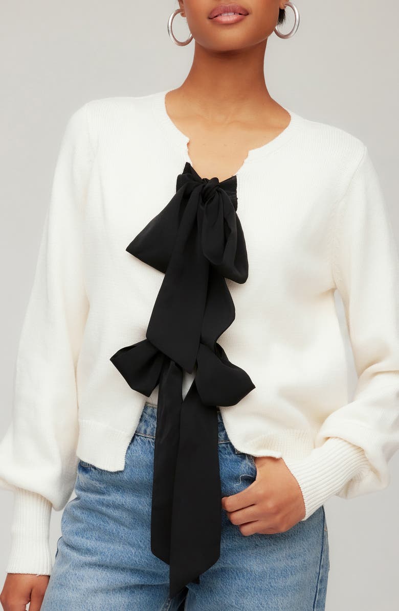 FIFTEEN TWENTY Dena Ribbon Tie Cardigan, Alternate, color, Cream/ Black