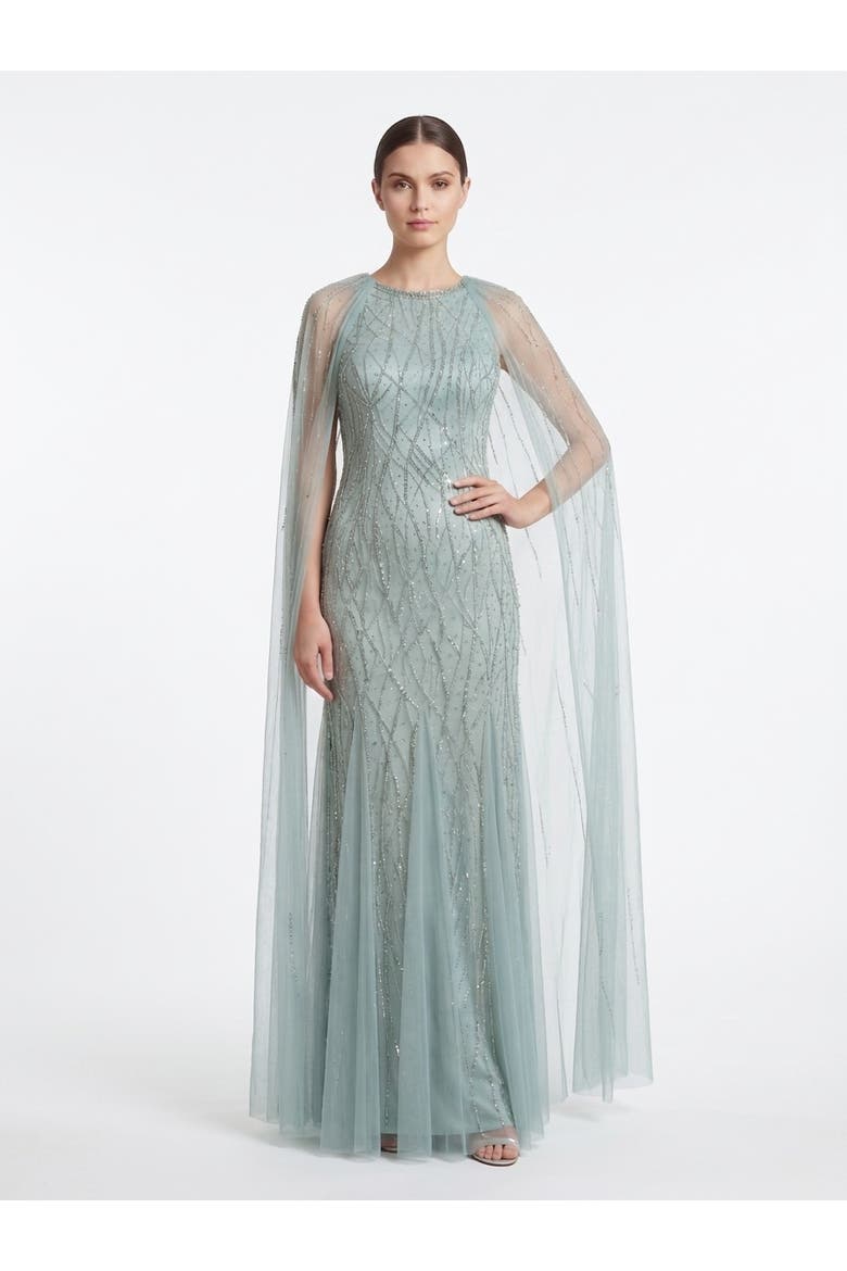 Elegant Beaded Dress with Long Cape, Alternate, color, Dusty Green