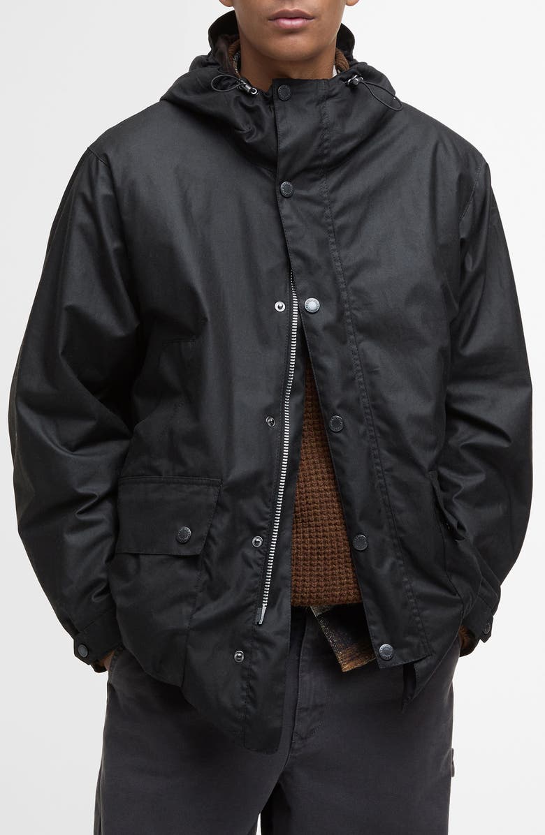 Barbour Tide Hooded Waxed Cotton Jacket, Main, color, Black