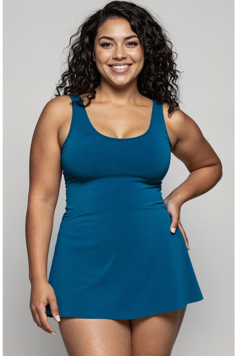 Plus Size Hayley Tankini-Style Swim Dress With Adjustable Straps and Hidden Bikini Bottoms, Main, color, Space Blue