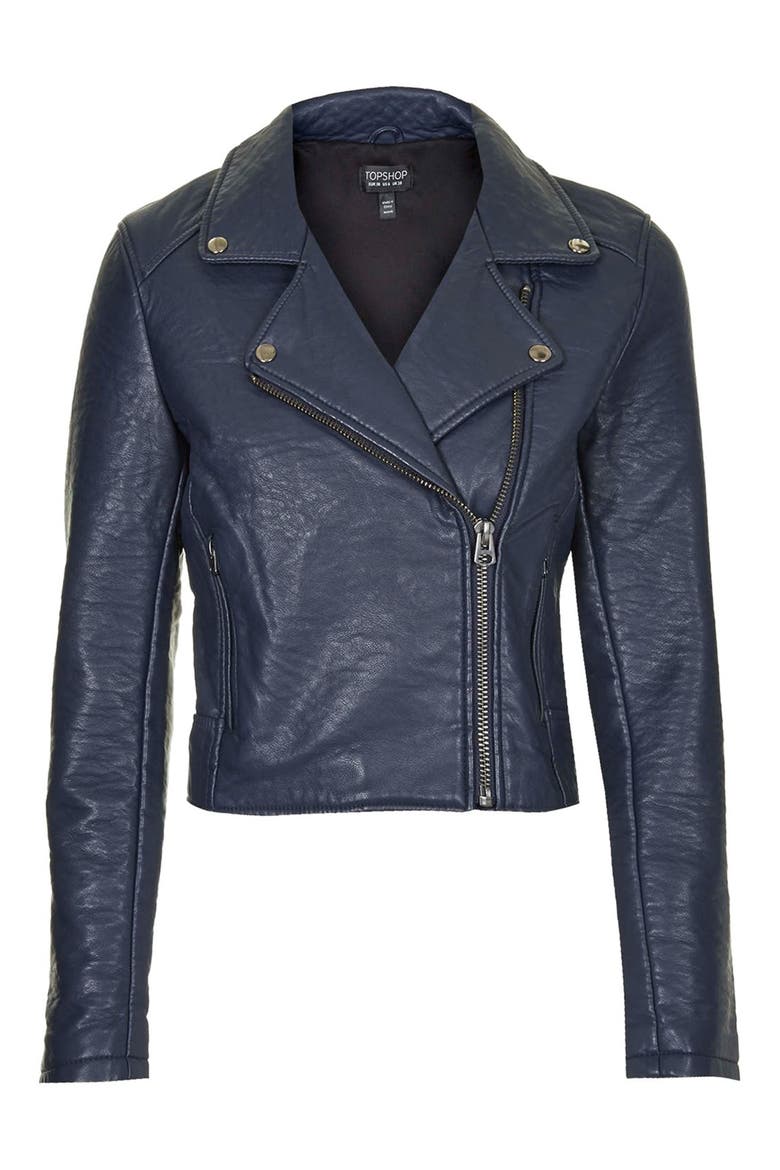 Faux Leather Biker Jacket, Alternate, color, NAVY BLUE